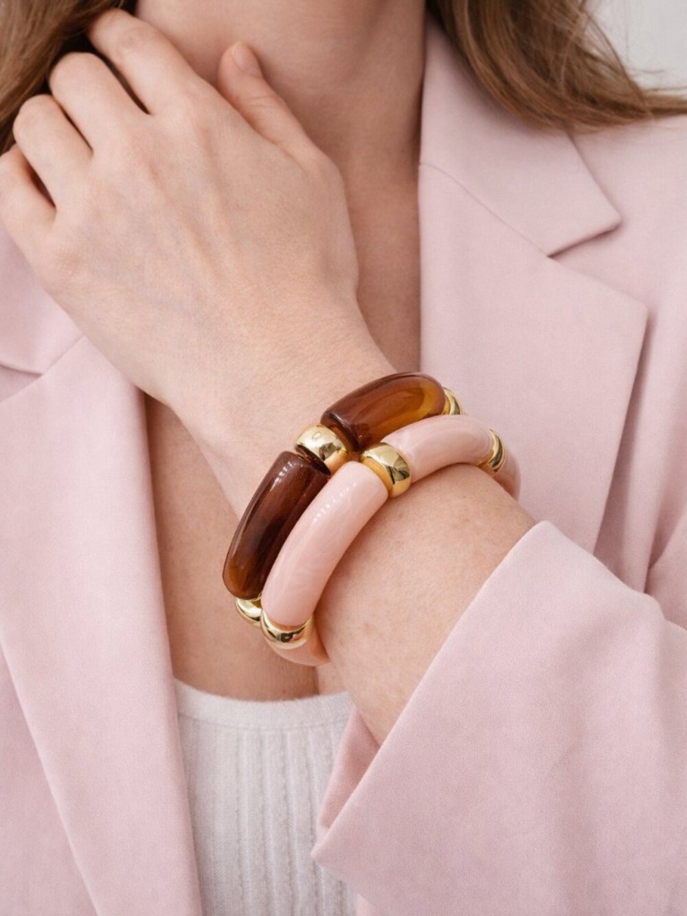 New Set of 2 Acrylic Bangle Bracelets Blush Pink Brown Gold Tone Spacers